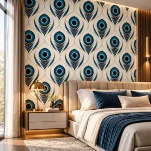 Luxury Blue and Gold Peacock Feather Wallpaper - Image 4