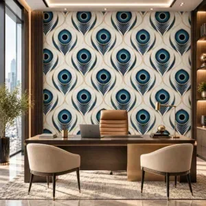 Luxury Blue and Gold Peacock Feather Wallpaper - Image 3