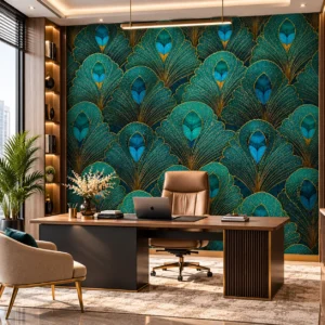 Luxury Teal & Gold Peacock Feather Wallpaper - Image 2
