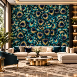 Luxury Teal & Gold Peacock Feather Wallpaper - Image 2