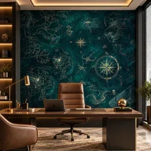 Luxury Teal Celestial Map Wallpaper with Gold Compass Details - Image 4