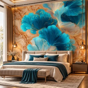 Luxury Turquoise Blue Floral Wallpaper - Image 4