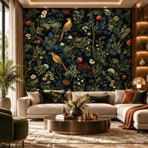 Luxury Dark Botanical Bird Wallpaper with Vintage Floral Illustrations - Image 4