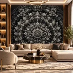 Black and Silver Mandala Wallpaper for Luxury Interiors - Image 2