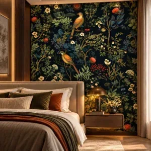 Luxury Dark Botanical Bird Wallpaper with Vintage Floral Illustrations - Image 3