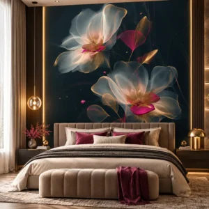 Black, Champagne Gold & Magenta Floral Wallpaper - Image 4