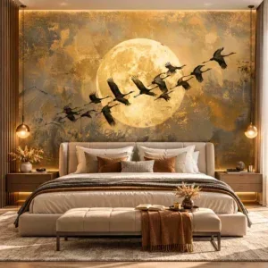 Golden Moon & Flying Cranes Mural Wallpaper - Image 3