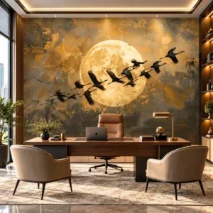 Golden Moon & Flying Cranes Mural Wallpaper - Image 4