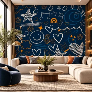 Navy Blue & Orange Doodle Pattern Wallpaper - Image 2