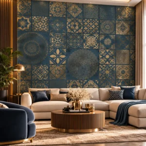Luxury Blue and Gold Geometric Wallpaper - Image 4