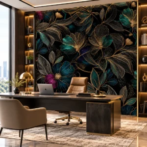Luxury Black, Teal & Gold Botanical Floral Wallpaper - Image 2
