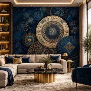 Luxury Blue and Gold Ornamental Medallion Wallpaper - Image 5
