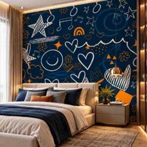 Navy Blue & Orange Doodle Pattern Wallpaper - Image 4