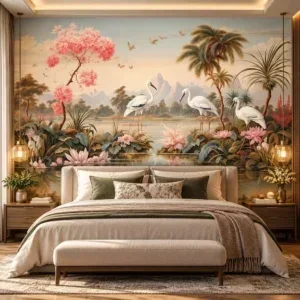 Luxury Tropical Landscape & Swan Mural Wallpaper - Image 3