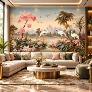 Luxury Tropical Landscape & Swan Mural Wallpaper - Image 4