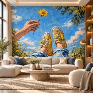 Artistic Blue Sky & Yellow Floral Wallpaper - Image 2