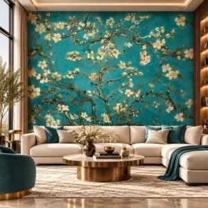 Luxury Teal Blue and Cream Floral Wallpaper - Image 4