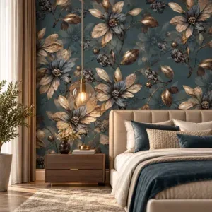 Teal & Antique Gold Floral Wallpaper - Image 4