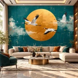 Luxury Teal & Golden Sun with Flying Cranes Wallpaper - Image 4