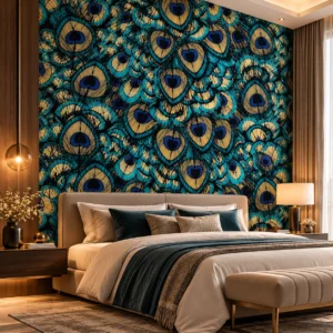 Luxury Teal & Gold Peacock Feather Wallpaper - Image 4