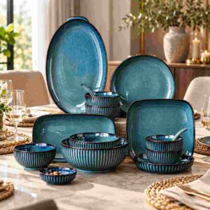 Teal Reactive Glaze Ceramic Dinnerware Set of 12
