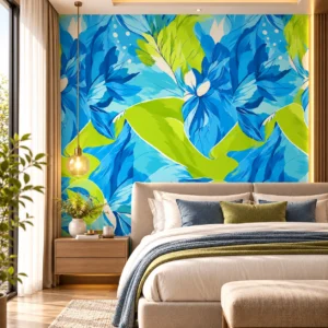 Blue & Lime Green Floral Wallpaper - Image 2