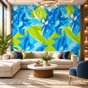 Blue & Lime Green Floral Wallpaper - Image 4